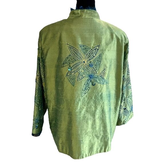 Anage Jacket Button Up 100% Silk Green Embroidered Beaded Flower Art - Picture 6 of 9